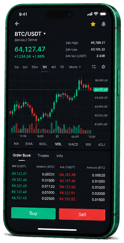 Plataforma de trading Seguro Tradex GPT no celular — gráfico ao vivo BTC/USDT, livro de ordens e painel de compra/venda